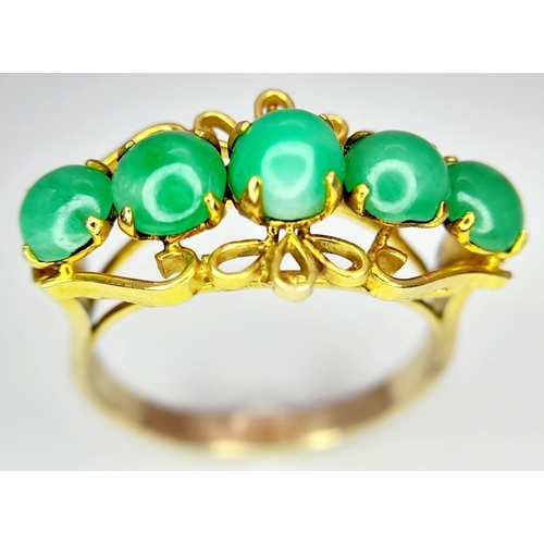 207 - A 14K YELLOW GOLD 5 STONE JADE RING - 2.7G. SIZE L. REF: CHIN 5002