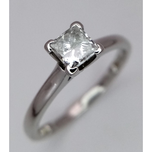 228 - A PLATINUM DIAMOND SOLITAIRE RING - 0.50CT PRINCESS CUT. 4.2G. SIZE L/M. REF: A/S 1069