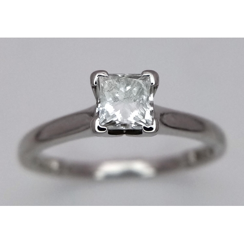 228 - A PLATINUM DIAMOND SOLITAIRE RING - 0.50CT PRINCESS CUT. 4.2G. SIZE L/M. REF: A/S 1069