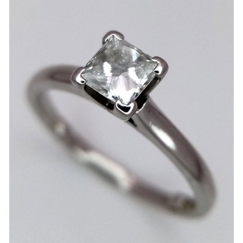 228 - A PLATINUM DIAMOND SOLITAIRE RING - 0.50CT PRINCESS CUT. 4.2G. SIZE L/M. REF: A/S 1069