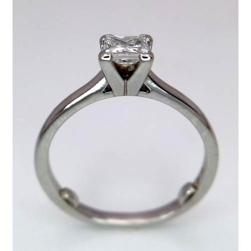 228 - A PLATINUM DIAMOND SOLITAIRE RING - 0.50CT PRINCESS CUT. 4.2G. SIZE L/M. REF: A/S 1069