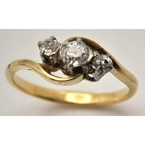 235 - AN 18K YELLOW GOLD ( TESTED ) VINTAGE OLD CUT DIAMOND 3 STONE TWIST RING - 0.25CT. 2.2G. SIZE K. REF... 