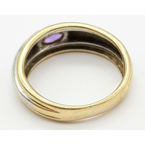 266 - Impressive and unusual 9 carat YELLOW and WHITE GOLD RING, Having an oval AMETHYSYT channel set to t... 