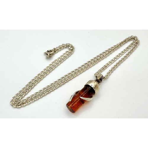 273 - Interesting and unusual AMBER and SILVER PENDANT Mounted on a fancy link SILVER CHAIN NECKLACE. Pres... 