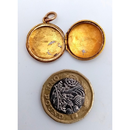 280 - Vintage 9 carat YELLOW GOLD LOCKET. Circular shape. Beautifully decorated .Having a full UK hallmark... 