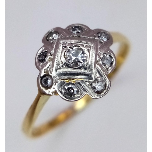 292 - A 18K YELLOW GOLD & PLATINUM VINTAGE DIAMOND RING. 1.9G IN WEIGHT. SIZE P AND 1/2. Ref: 7479.