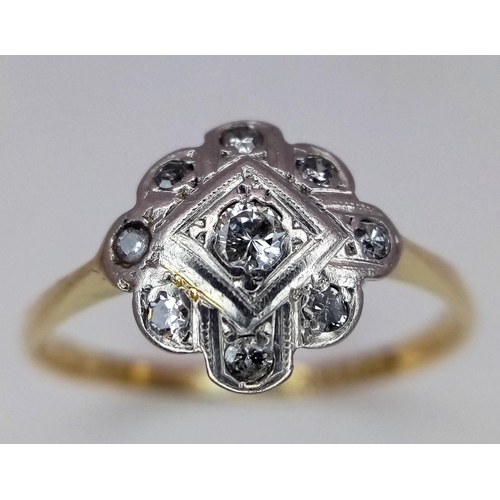 292 - A 18K YELLOW GOLD & PLATINUM VINTAGE DIAMOND RING. 1.9G IN WEIGHT. SIZE P AND 1/2. Ref: 7479.