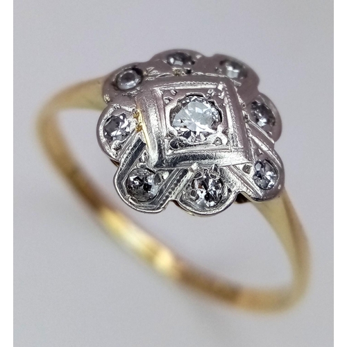 292 - A 18K YELLOW GOLD & PLATINUM VINTAGE DIAMOND RING. 1.9G IN WEIGHT. SIZE P AND 1/2. Ref: 7479.