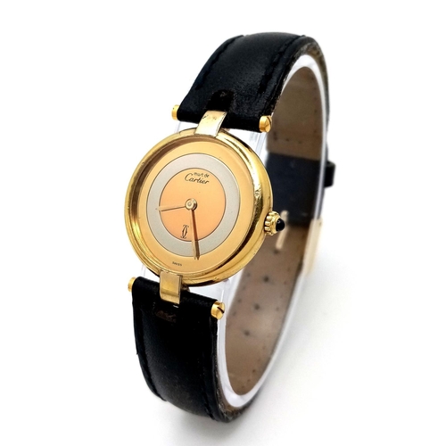 30 - A Must de Cartier Gold Plated 925 Silver Ladies Quartz Watch. Black leather strap. Gold plated circu... 