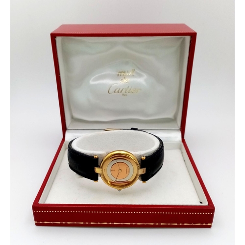 30 - A Must de Cartier Gold Plated 925 Silver Ladies Quartz Watch. Black leather strap. Gold plated circu... 