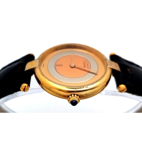 30 - A Must de Cartier Gold Plated 925 Silver Ladies Quartz Watch. Black leather strap. Gold plated circu... 