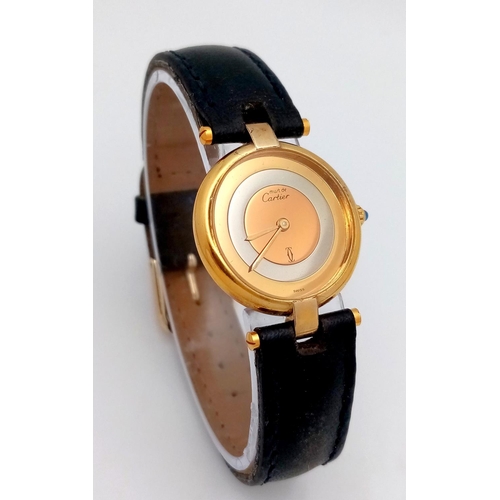 30 - A Must de Cartier Gold Plated 925 Silver Ladies Quartz Watch. Black leather strap. Gold plated circu... 