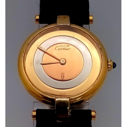 30 - A Must de Cartier Gold Plated 925 Silver Ladies Quartz Watch. Black leather strap. Gold plated circu... 