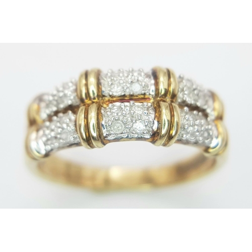 334 - A 9K YELLOW GOLD DIAMOND SET BAMBOO LOOK RING. 2.7G IN WEIGHT. SIZE P. Ref: SC 5054