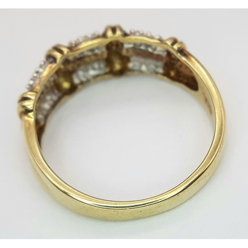 334 - A 9K YELLOW GOLD DIAMOND SET BAMBOO LOOK RING. 2.7G IN WEIGHT. SIZE P. Ref: SC 5054