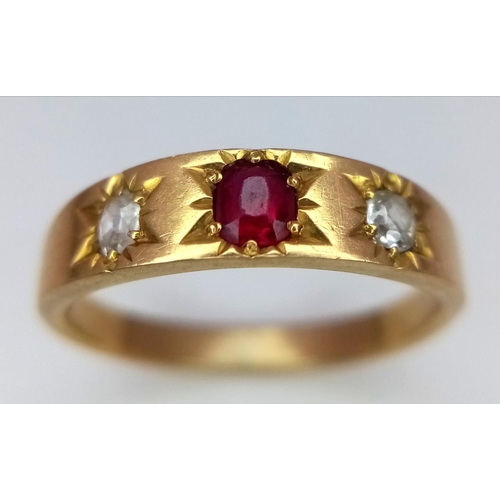 397 - A 18K YELLOW GOLD ( TESTED ) OLD CUT DIAMOND & RUBY RING. 3.4G IN WEIGHT. SIZE N. Ref: SC 5032.