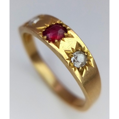 397 - A 18K YELLOW GOLD ( TESTED ) OLD CUT DIAMOND & RUBY RING. 3.4G IN WEIGHT. SIZE N. Ref: SC 5032.