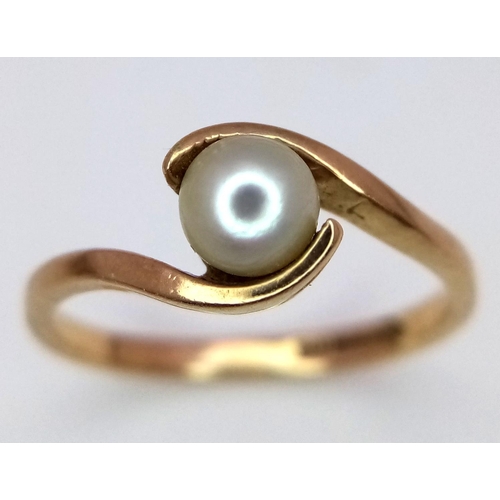 413 - Dainty 9 carat GOLD CROSSOVER RING with single pearl set to top. Fully hallmarked and complete with ... 