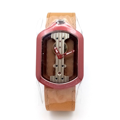 449 - A Verticale Mechanical Top Winder Gents Watch. Brown leather strap. Ceramic red skeleton case - 22mm... 