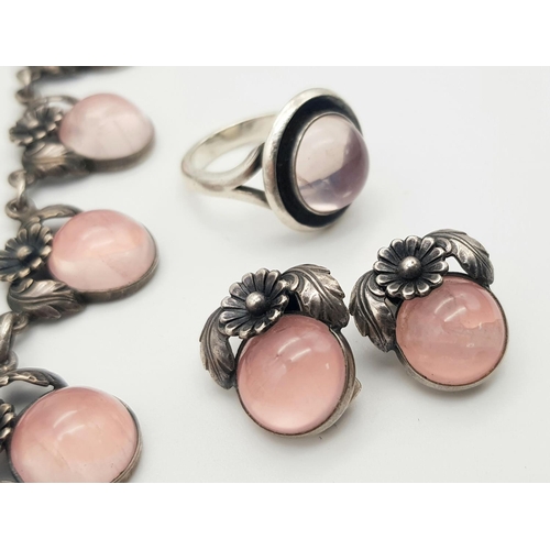 46 - A Very Collectible Vintage Danish (N.E. From) Designer Necklace, Earring and Ring Set. Rose quartz c... 