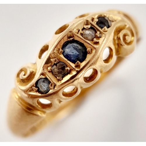 460 - A 18K YELLOW GOLD ANTIQUE DIAMOND & SAPPHIRE RING. 2G IN WEIGHT. SIZE M. HALLMARKED 1909 CHESTER. Re... 