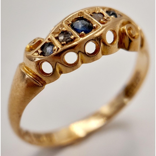 460 - A 18K YELLOW GOLD ANTIQUE DIAMOND & SAPPHIRE RING. 2G IN WEIGHT. SIZE M. HALLMARKED 1909 CHESTER. Re... 