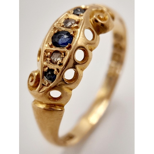 460 - A 18K YELLOW GOLD ANTIQUE DIAMOND & SAPPHIRE RING. 2G IN WEIGHT. SIZE M. HALLMARKED 1909 CHESTER. Re... 