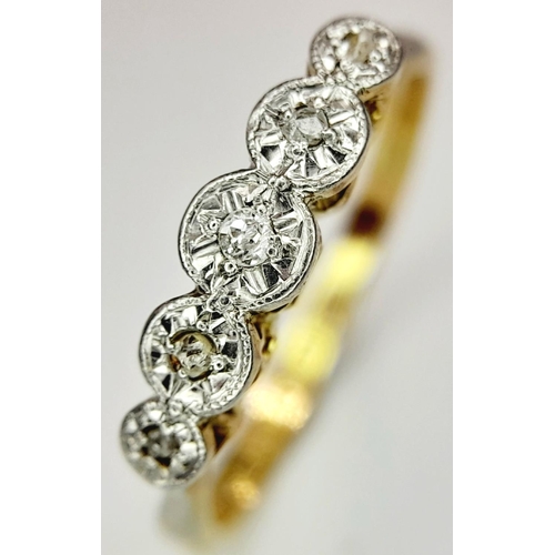 474 - A 18K YELLOW GOLD & PLATINUM 5 STONE DIAMOND RING. 2.36G IN WEIGHT. SIZE N AND 1/2. Ref: SC 5041