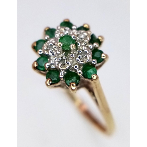 537 - A 9K YELLOW GOLD DIAMOND & EMERALD RING 2.4G SIZE O. Ref: SC 5060.