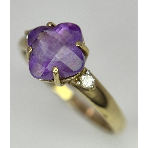 551 - A 9K YELLOW GOLD DIAMOND & CHECKERBOARD LOTUS CUT AMETHYST RING - 2G. SIZE P. REF: ADAM 5001