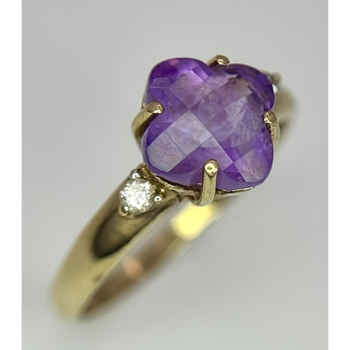 551 - A 9K YELLOW GOLD DIAMOND & CHECKERBOARD LOTUS CUT AMETHYST RING - 2G. SIZE P. REF: ADAM 5001