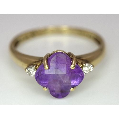 551 - A 9K YELLOW GOLD DIAMOND & CHECKERBOARD LOTUS CUT AMETHYST RING - 2G. SIZE P. REF: ADAM 5001