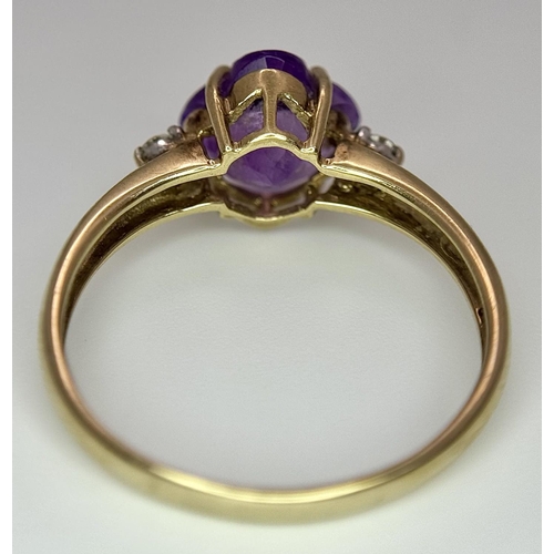 551 - A 9K YELLOW GOLD DIAMOND & CHECKERBOARD LOTUS CUT AMETHYST RING - 2G. SIZE P. REF: ADAM 5001