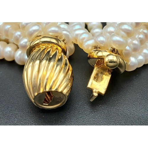 555 - An Eight Row Small Rondelle Pearl Necklace with a 9K Yellow Gold Shell Form Clasp. 42cm.