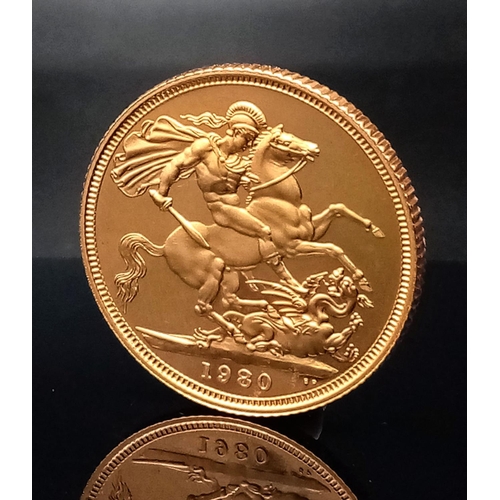 3 - A 1980 22k Gold Queen Elizabeth II Proof Full Sovereign. Comes in original Case.