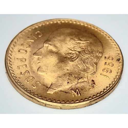 106 - A 1955, 22K (900) Gold Mexican 5 Pesos Coin. 4.1g. 19mm diameter.