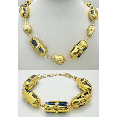 132 - A highly glamorous necklace and bracelet set with gold plated large Kyanite natural crystals (uncut ... 