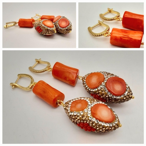 146 - A very fashionable red coral necklace and earrings set in a presentation box. Necklace length: 46-50... 