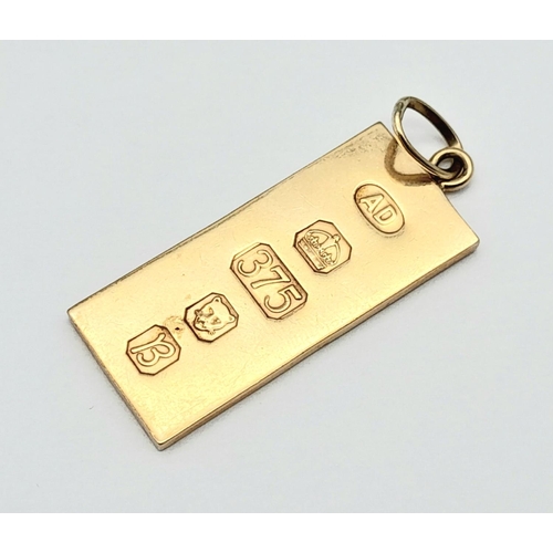 17 - A Vintage 9K Yellow Gold Ingot Pendant. 5cm. 13.3g