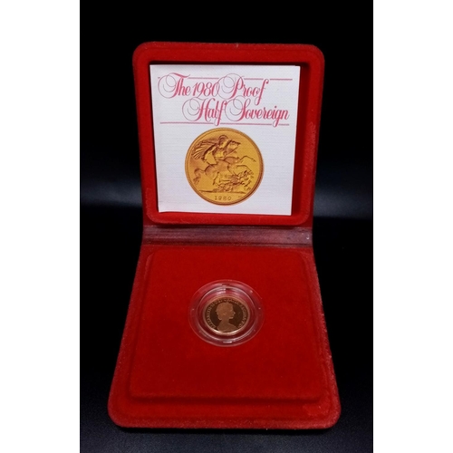 2 - A 1980 Proof 22K Gold Queen Elizabeth II Half Sovereign. Comes in original case.