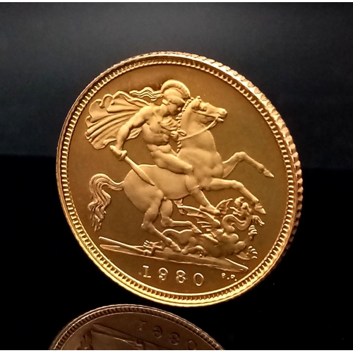 2 - A 1980 Proof 22K Gold Queen Elizabeth II Half Sovereign. Comes in original case.