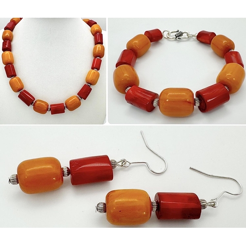 223 - A vintage - and still in vogue - red coral and orange amber Bakelite necklace, bracelet and earrings... 