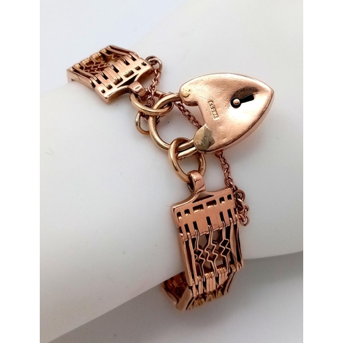 29 - A Gorgeous Vintage Intricate 9K Yellow Gold Gate Bracelet - With heart clasp and safety chain. 16cm.... 