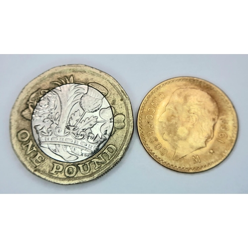 540 - A 1955, 22K (900) Gold Mexican 5 Pesos Coin. 4.1g. 19mm diameter.