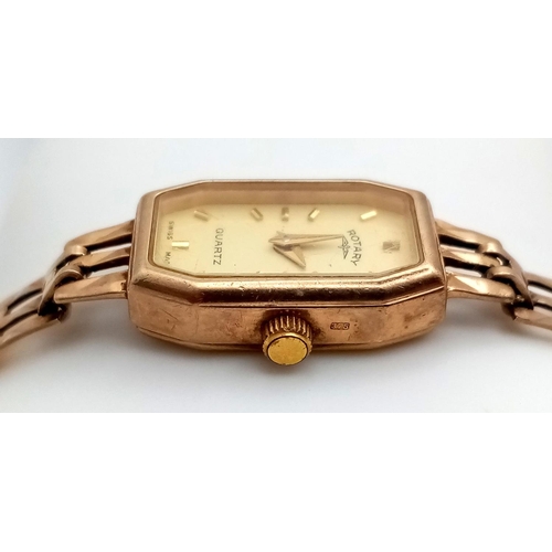 570 - A Vintage 9K Yellow Gold Rotary Ladies Quartz Watch. 9k gold bracelet and rectangular case - 12mm. N... 