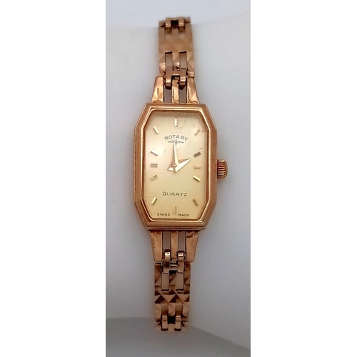 570 - A Vintage 9K Yellow Gold Rotary Ladies Quartz Watch. 9k gold bracelet and rectangular case - 12mm. N... 