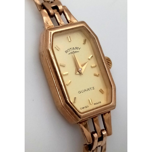 570 - A Vintage 9K Yellow Gold Rotary Ladies Quartz Watch. 9k gold bracelet and rectangular case - 12mm. N... 