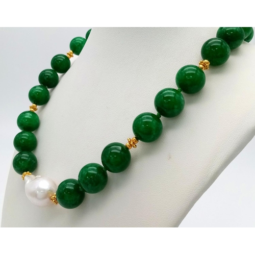 634 - A Sensual Green Jade Beaded Necklace with Baroque Pearl Accent. Large 14mm jade beads. Gilded spacer... 