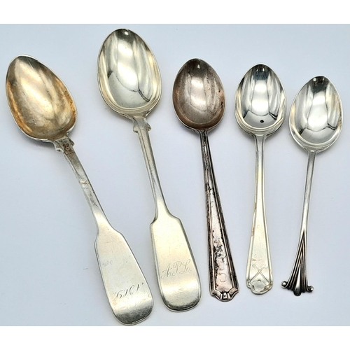 640 - Five Silver Spoons - 3 x tea ( 830 silver) and 2 x dessert ( 925 silver) spoons. 80g total weight.