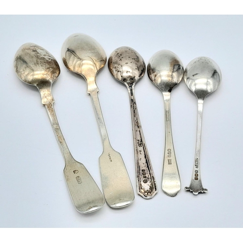 640 - Five Silver Spoons - 3 x tea ( 830 silver) and 2 x dessert ( 925 silver) spoons. 80g total weight.